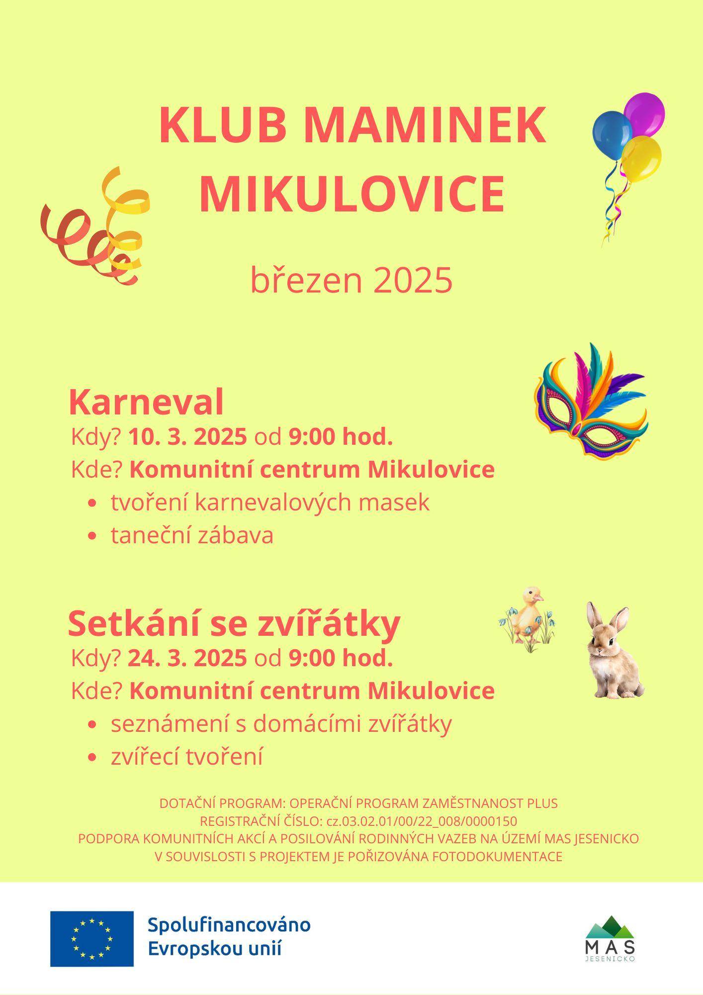KLUB MAMINEK MIKULOVICE - PROGRAM NA BŘEZEN 2025